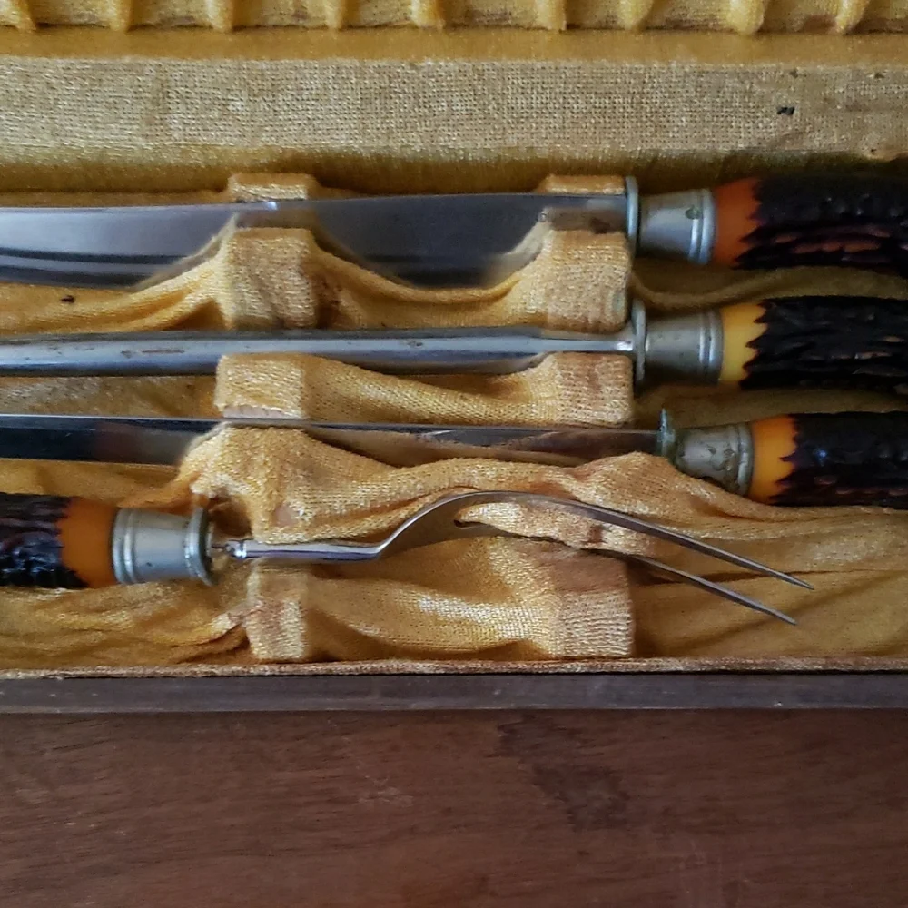 Vintage Carving Set with Bakelite Antler Handles by Flint
